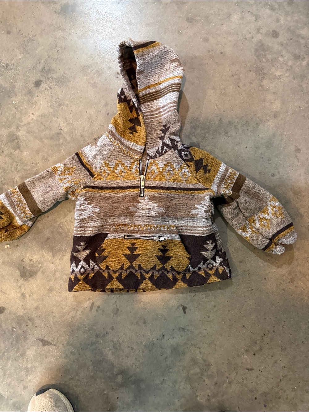 Kids Hooded Pullover Top - Mustard & Brown Aztec